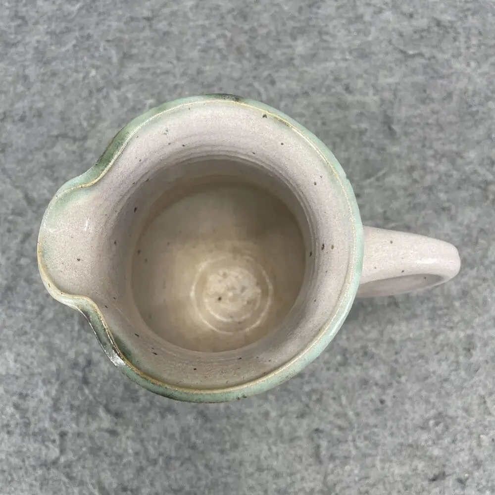 Studio Art Pottery Stoneware Pitcher Green White Teal Glaze Signed 6.25 in tall